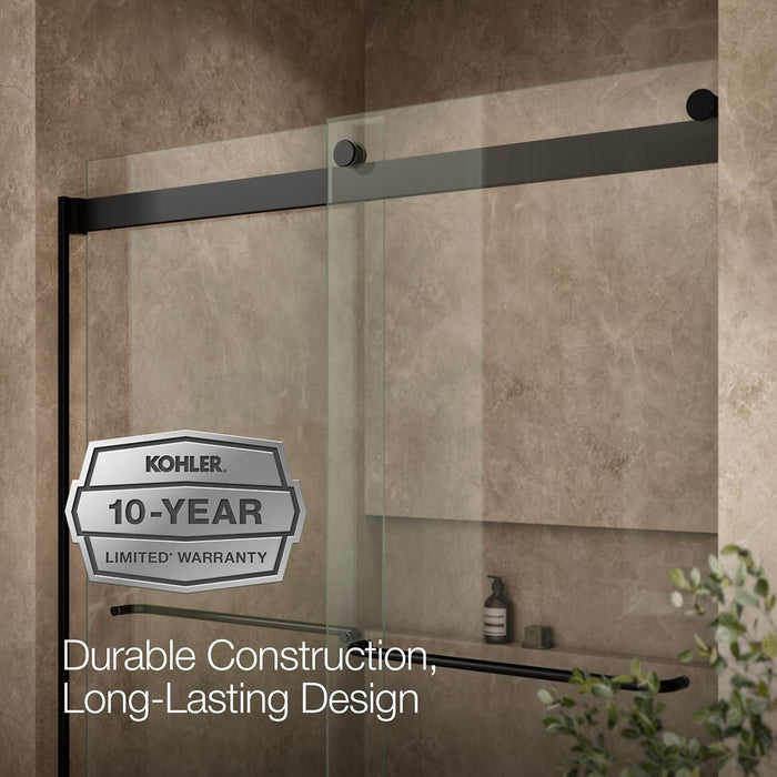 KOHLER K-706004-L Levity Sliding bath door, 62" H x 56-5/8 - 59-5/8" W, with 1/4" thick Crystal Clear glass, matte black...