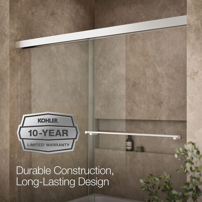 KOHLER K-707000-L Revel Sliding bath door, 55-1/2" H x 56-5/8 - 59-5/8" W, with 1/4" thick Crystal Clear glass