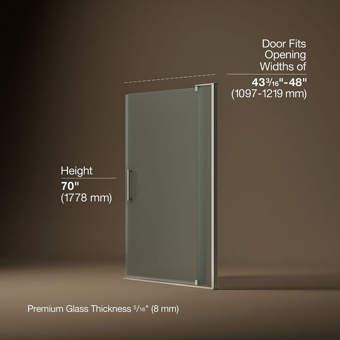 KOHLER K-707551-D3 Revel Pivot shower door, 70" H x 43-1/8 - 48" W, with 5/16" thick Frosted glass, anodized brushed...