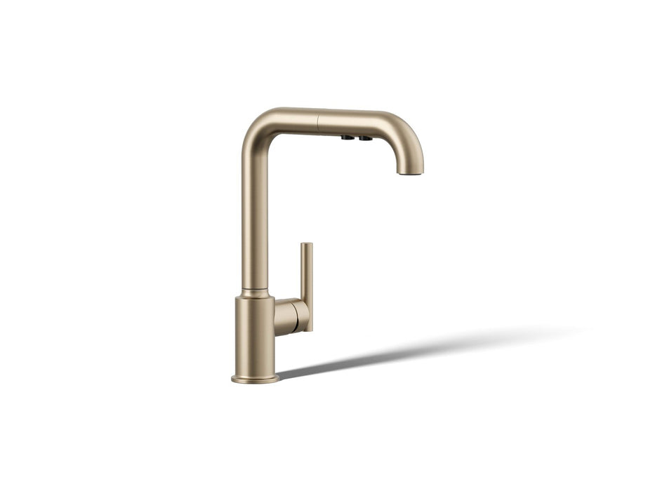 KOHLER K-7505 Purist Pull-out kitchen sink faucet with three-function sprayhead, vibrant brushed bronze