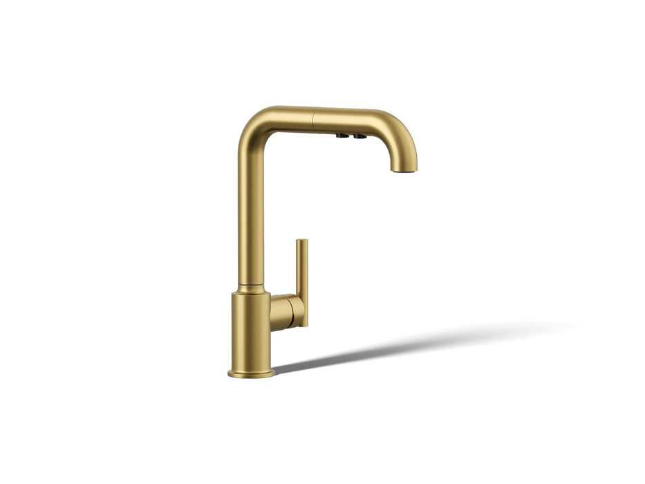 KOHLER K-7505 Purist Pull-out kitchen sink faucet with three-function sprayhead, vibrant brushed moderne brass