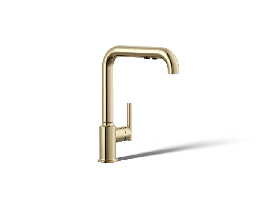 KOHLER K-7505 Purist Pull-out kitchen sink faucet with three-function sprayhead, vibrant french gold