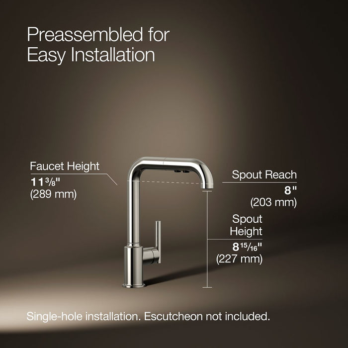 KOHLER K-7505 Purist Pull-out kitchen sink faucet with three-function sprayhead