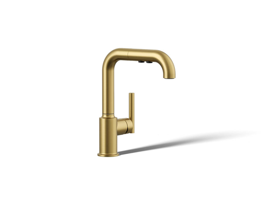 KOHLER K-7506 Purist Pull-out kitchen sink faucet with three-function sprayhead, vibrant brushed moderne brass