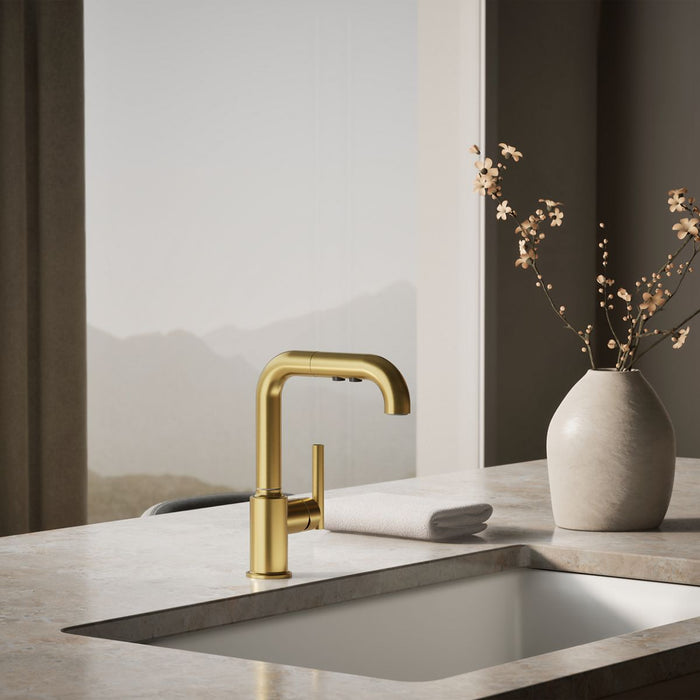 KOHLER K-7506 Purist Pull-out kitchen sink faucet with three-function sprayhead, vibrant brushed moderne brass - view 2