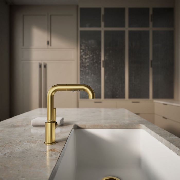 KOHLER K-7506 Purist Pull-out kitchen sink faucet with three-function sprayhead, vibrant brushed moderne brass - view 3