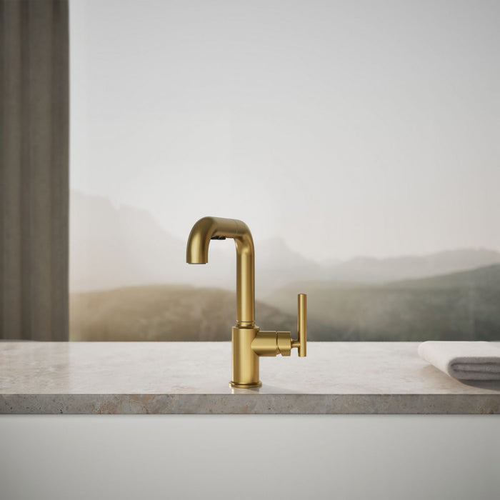 KOHLER K-7506 Purist Pull-out kitchen sink faucet with three-function sprayhead, vibrant brushed moderne brass - view 4