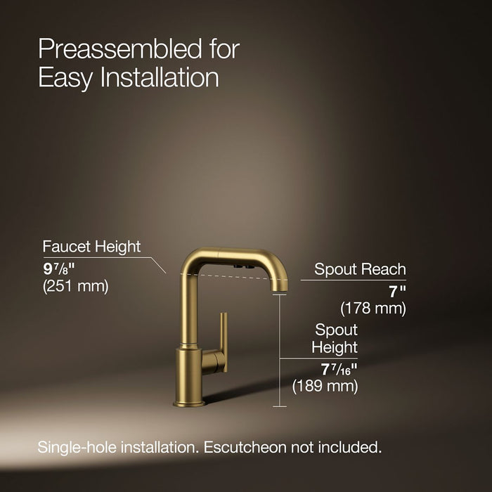 KOHLER K-7506 Purist Pull-out kitchen sink faucet with three-function sprayhead, vibrant brushed moderne brass - view 5