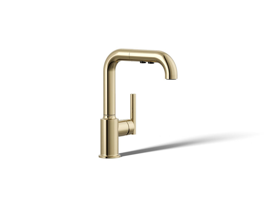 KOHLER K-7506 Purist Pull-out kitchen sink faucet with three-function sprayhead, vibrant french gold