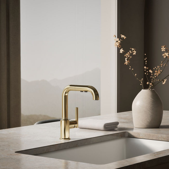 KOHLER K-7506 Purist Pull-out kitchen sink faucet with three-function sprayhead, vibrant french gold - view 4