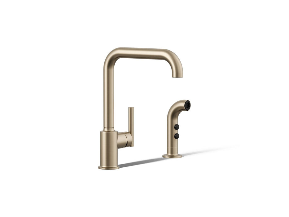 KOHLER K-7508 Purist Single-handle kitchen sink faucet with side sprayer, vibrant brushed bronze