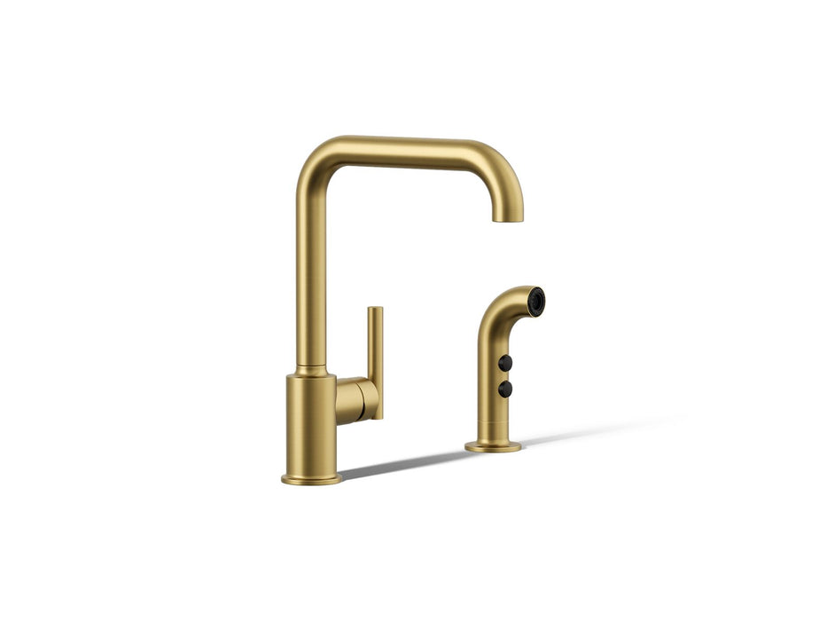 KOHLER K-7508 Purist Single-handle kitchen sink faucet with side sprayer, vibrant brushed moderne brass