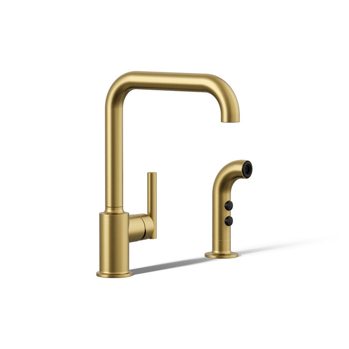 KOHLER K-7508 Purist Single-handle kitchen sink faucet with side sprayer, vibrant brushed moderne brass - view 4