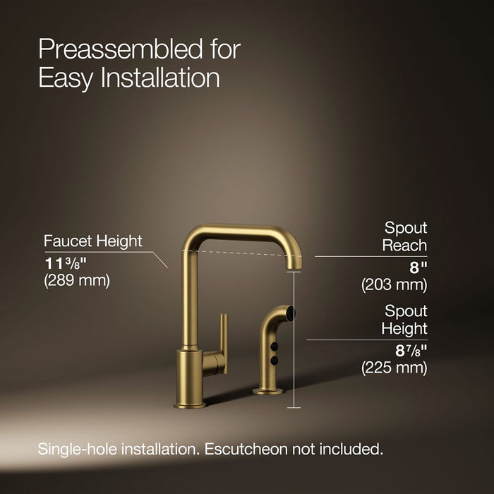 KOHLER K-7508 Purist Single-handle kitchen sink faucet with side sprayer, vibrant brushed moderne brass - view 5