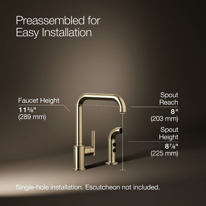 KOHLER K-7508 Purist Single-handle kitchen sink faucet with side sprayer, vibrant french gold - view 5