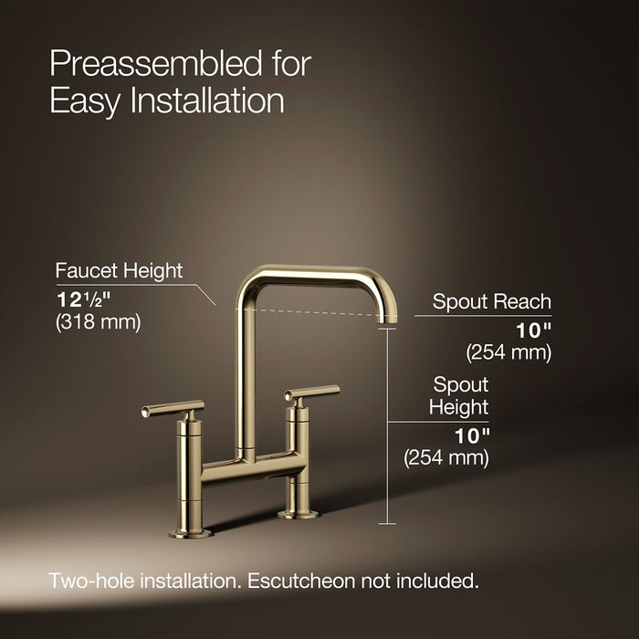 KOHLER K-7547-4 Purist Two-hole bridge kitchen sink faucet, vibrant french gold - view 3