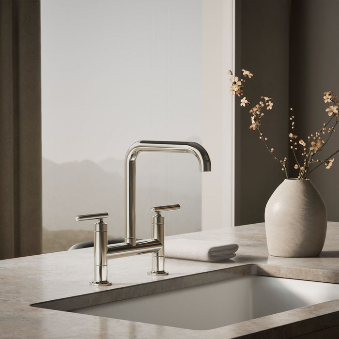 KOHLER K-7547-4 Purist Two-hole bridge kitchen sink faucet, vibrant polished nickel - view 2
