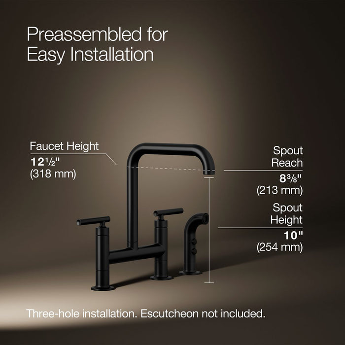 KOHLER K-7548-4 Purist Two-hole bridge kitchen sink faucet with side sprayer, matte black - view 5