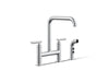 KOHLER K-7548-4 Purist Two-hole bridge kitchen sink faucet with side sprayer, polished chrome