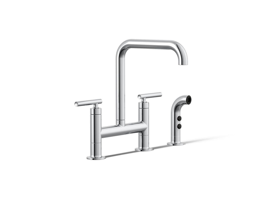KOHLER K-7548-4 Purist Two-hole bridge kitchen sink faucet with side sprayer, polished chrome