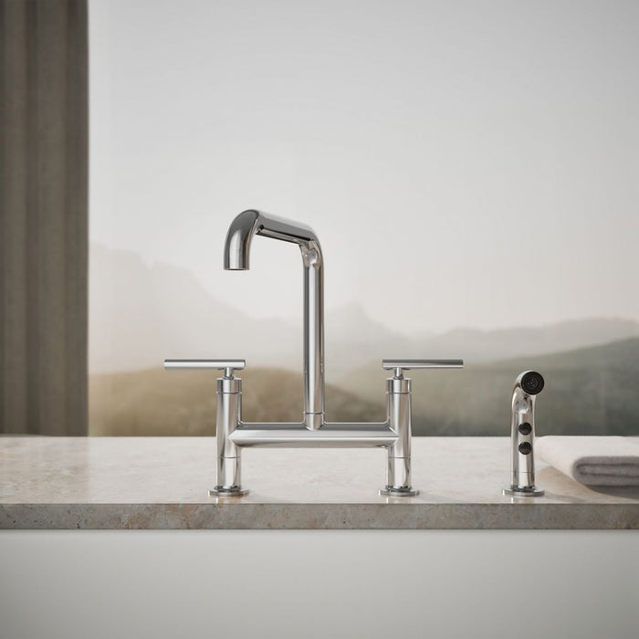 KOHLER K-7548-4 Purist Two-hole bridge kitchen sink faucet with side sprayer