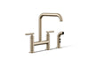 KOHLER K-7548-4 Purist Two-hole bridge kitchen sink faucet with side sprayer, vibrant brushed bronze