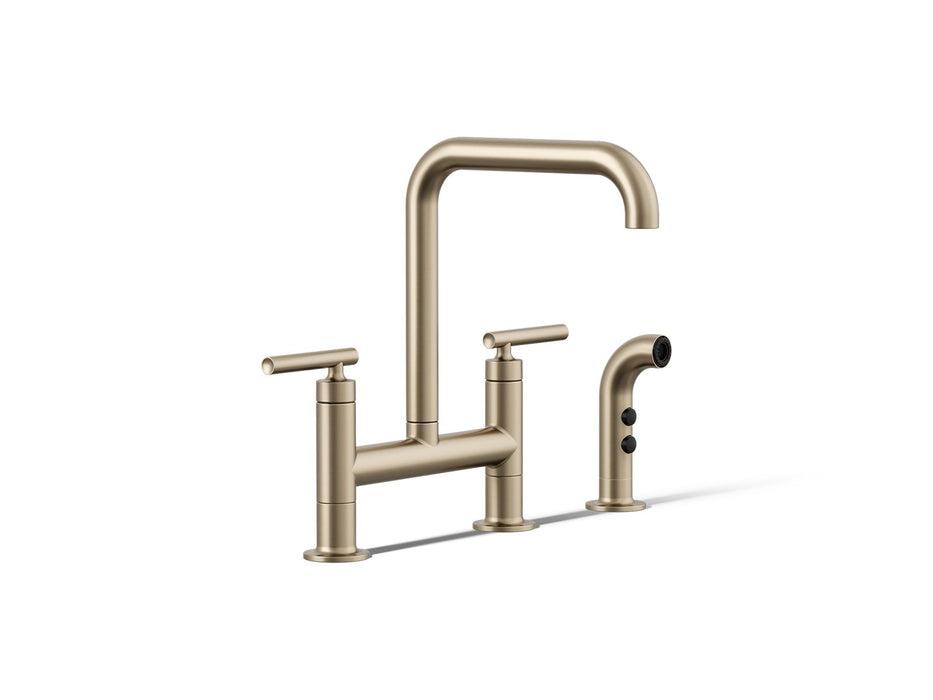 KOHLER K-7548-4 Purist Two-hole bridge kitchen sink faucet with side sprayer, vibrant brushed bronze