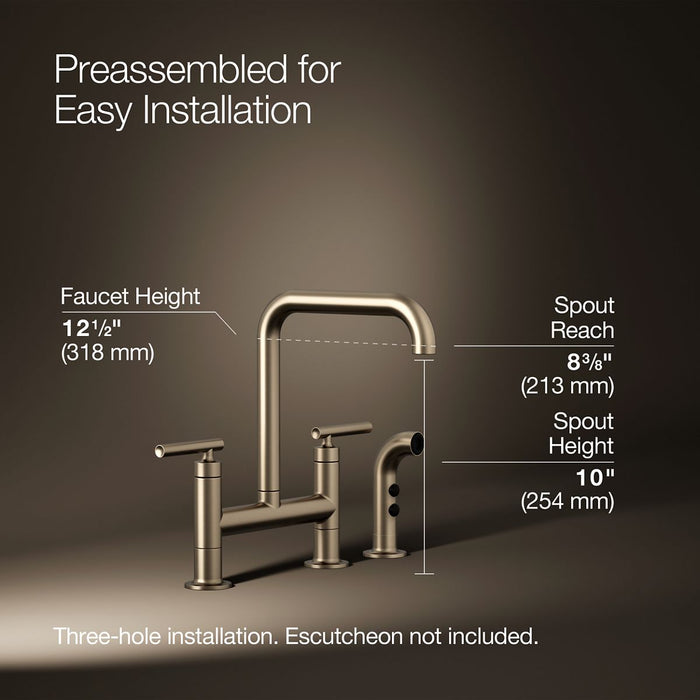 KOHLER K-7548-4 Purist Two-hole bridge kitchen sink faucet with side sprayer, vibrant brushed bronze - view 2