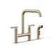 KOHLER K-7548-4 Purist Two-hole bridge kitchen sink faucet with side sprayer, vibrant brushed bronze - view 5