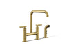KOHLER K-7548-4 Purist Two-hole bridge kitchen sink faucet with side sprayer, vibrant brushed moderne brass