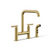 KOHLER K-7548-4 Purist Two-hole bridge kitchen sink faucet with side sprayer, vibrant brushed moderne brass