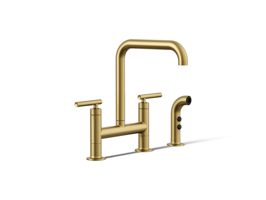 KOHLER K-7548-4 Purist Two-hole bridge kitchen sink faucet with side sprayer, vibrant brushed moderne brass