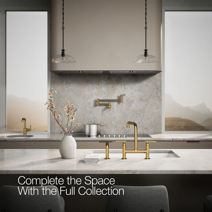 KOHLER K-7548-4 Purist Two-hole bridge kitchen sink faucet with side sprayer, vibrant brushed moderne brass - view 2