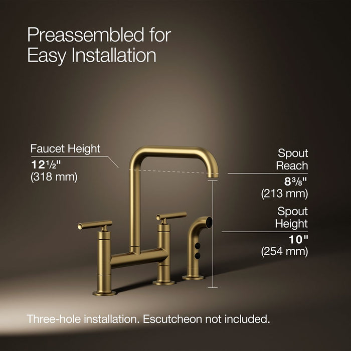 KOHLER K-7548-4 Purist Two-hole bridge kitchen sink faucet with side sprayer, vibrant brushed moderne brass - view 5