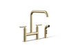 KOHLER K-7548-4 Purist Two-hole bridge kitchen sink faucet with side sprayer, vibrant french gold