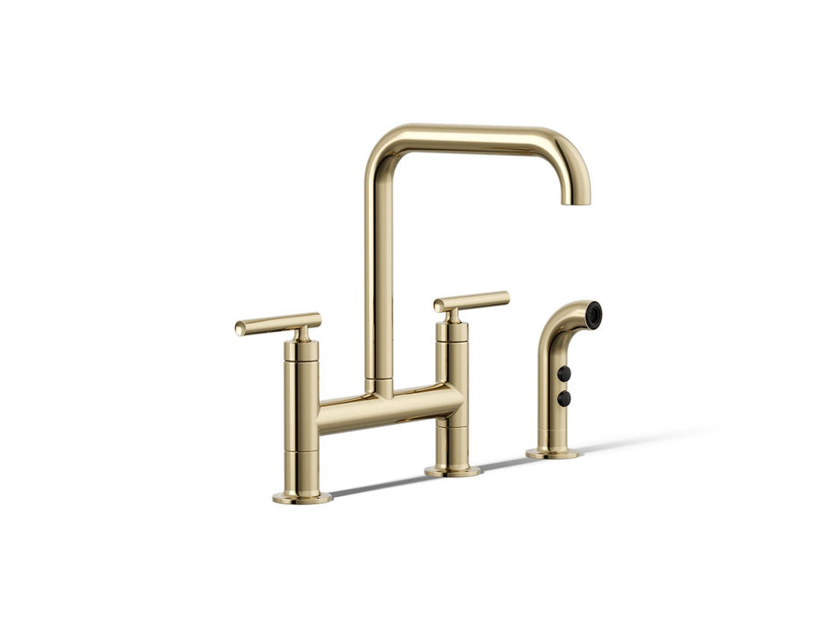 KOHLER K-7548-4 Purist Two-hole bridge kitchen sink faucet with side sprayer, vibrant french gold