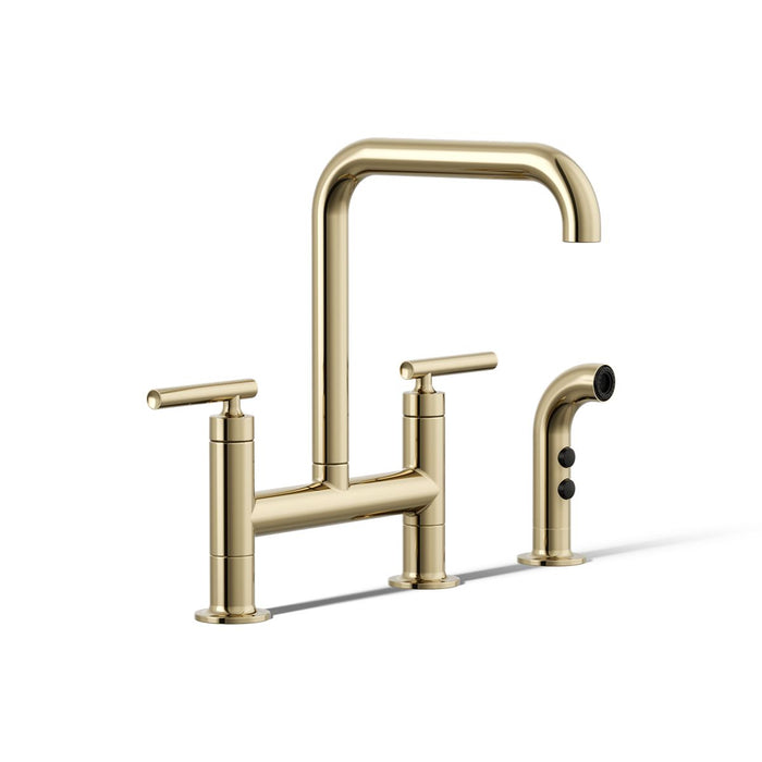 KOHLER K-7548-4 Purist Two-hole bridge kitchen sink faucet with side sprayer, vibrant french gold - view 3