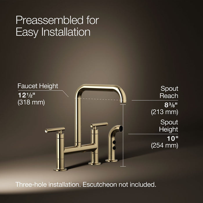 KOHLER K-7548-4 Purist Two-hole bridge kitchen sink faucet with side sprayer, vibrant french gold - view 5