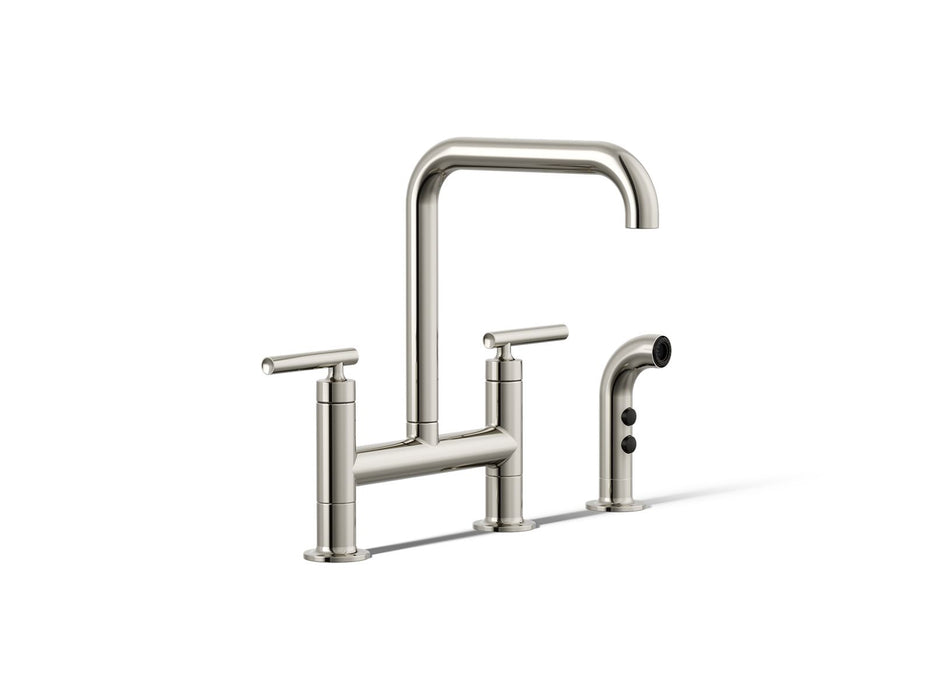 KOHLER K-7548-4 Purist Two-hole bridge kitchen sink faucet with side sprayer