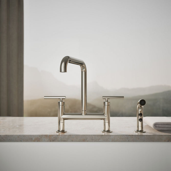 KOHLER K-7548-4 Purist Two-hole bridge kitchen sink faucet with side sprayer