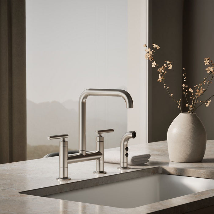 KOHLER K-7548-4 Purist Two-hole bridge kitchen sink faucet with side sprayer