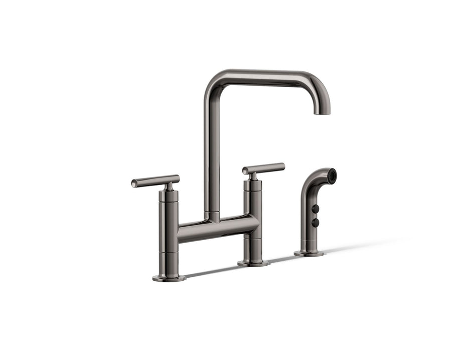 KOHLER K-7548-4 Purist Two-hole bridge kitchen sink faucet with side sprayer