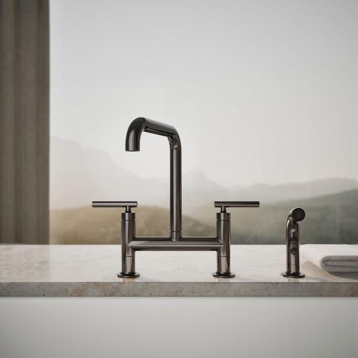 KOHLER K-7548-4 Purist Two-hole bridge kitchen sink faucet with side sprayer