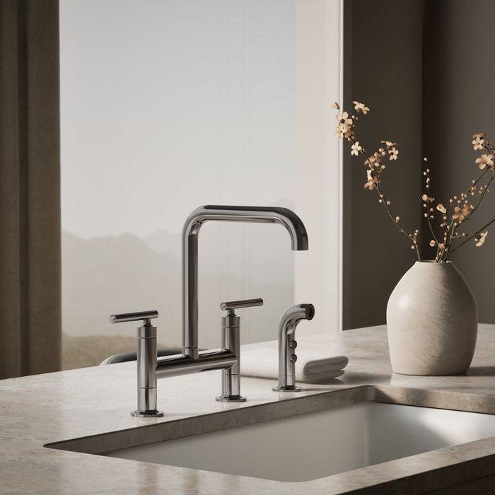 KOHLER K-7548-4 Purist Two-hole bridge kitchen sink faucet with side sprayer