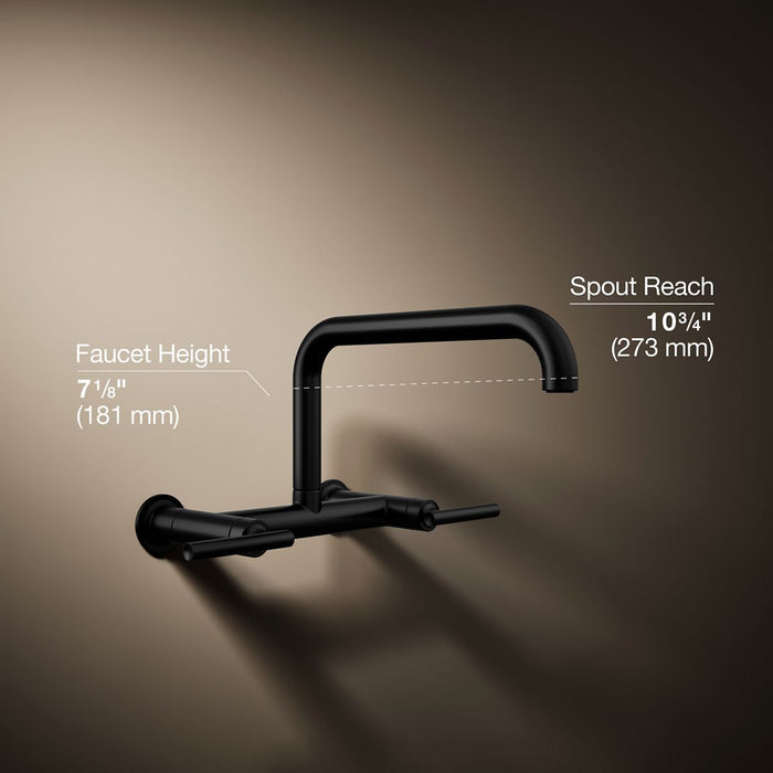 KOHLER K-7549-4 Purist Two-hole wall-mount bridge kitchen sink faucet, matte black - view 2