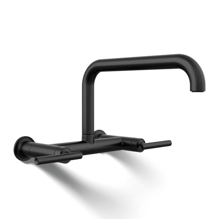 KOHLER K-7549-4 Purist Two-hole wall-mount bridge kitchen sink faucet, matte black - view 4