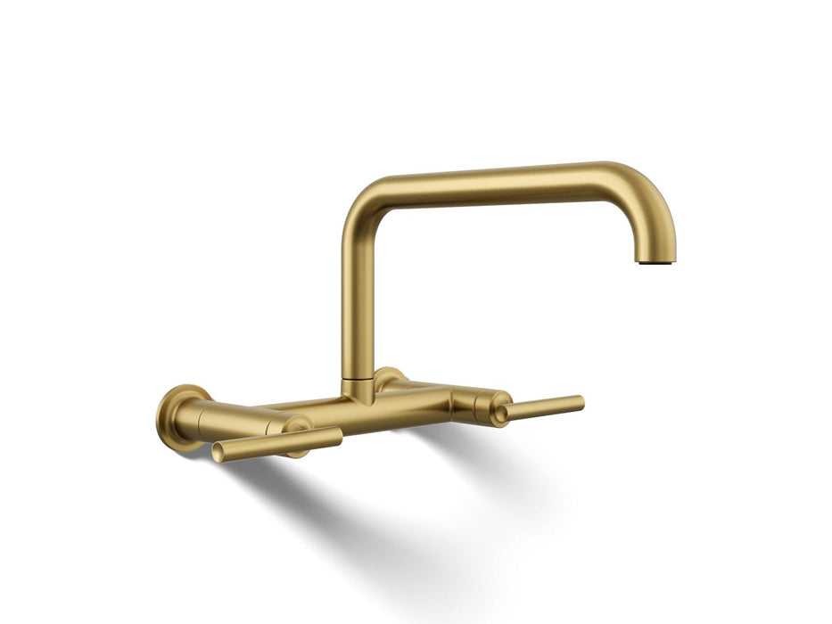 KOHLER K-7549-4 Purist Two-hole wall-mount bridge kitchen sink faucet, vibrant brushed moderne brass