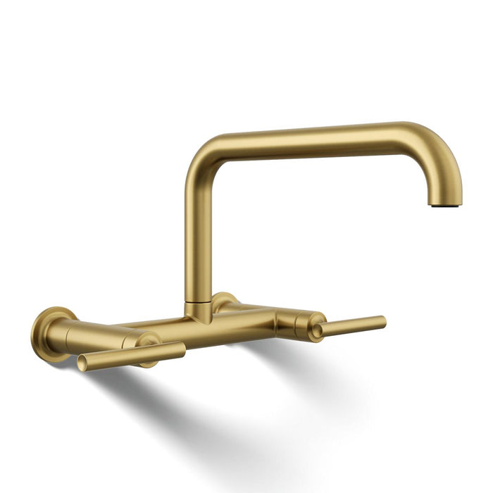KOHLER K-7549-4 Purist Two-hole wall-mount bridge kitchen sink faucet, vibrant brushed moderne brass - view 2