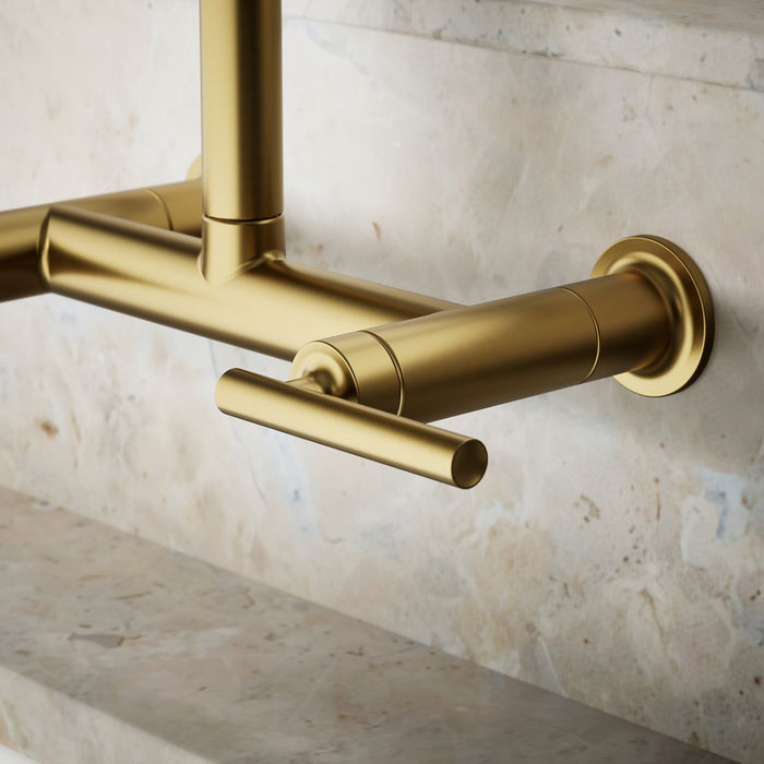 KOHLER K-7549-4 Purist Two-hole wall-mount bridge kitchen sink faucet, vibrant brushed moderne brass - view 3