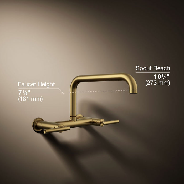 KOHLER K-7549-4 Purist Two-hole wall-mount bridge kitchen sink faucet, vibrant brushed moderne brass - view 4